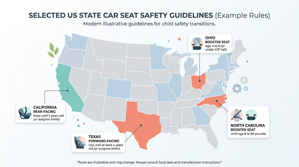 car seat weight laws by state California Texas Ohio North Carolina