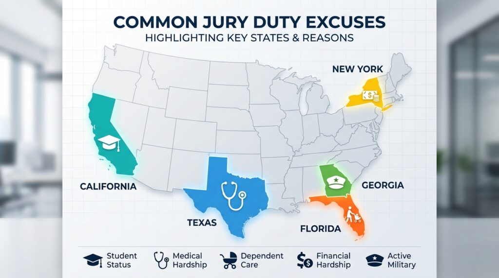 state by state jury duty excuse rules map