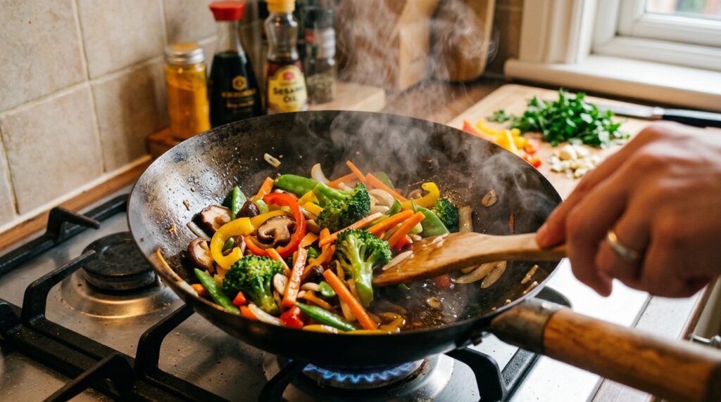 cooking a stir-fry with canola oil at home to test flavor and performance