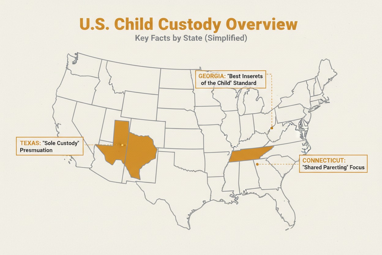 state comparison map showing custody rules in Texas, Georgia, and Connecticut