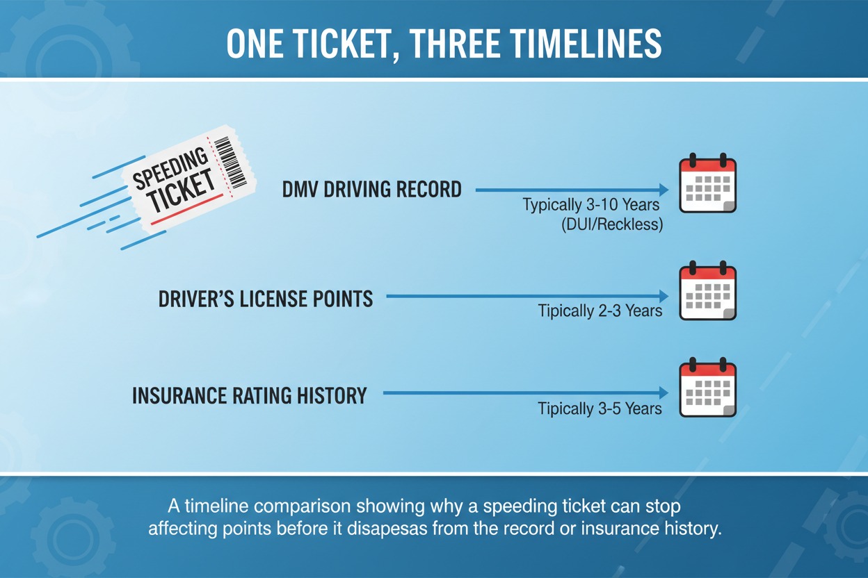 Speeding ticket driving record, license points, and insurance timelines explained.