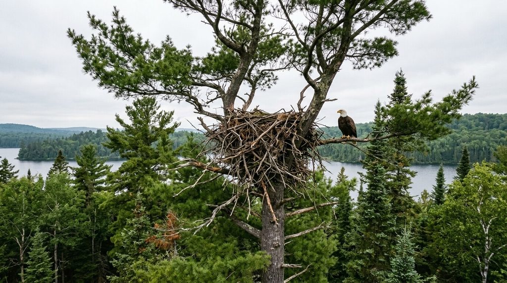Protected bald eagle nest high in a tree