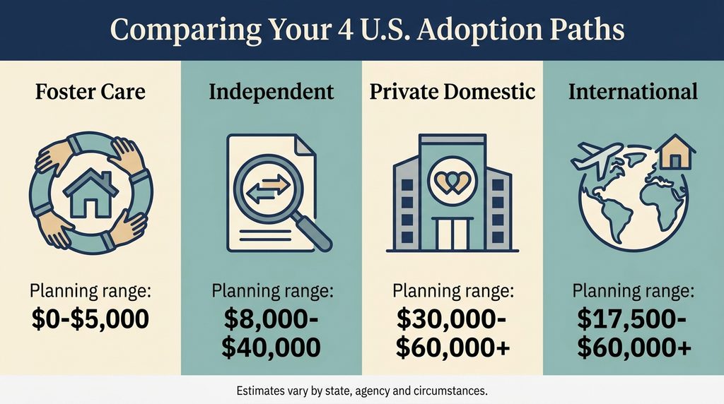 Comparison of foster care, private domestic, independent and international adoption costs