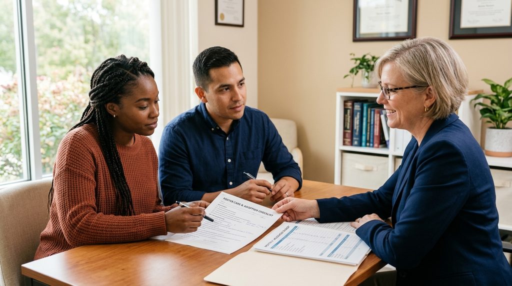 Prospective adoptive parents discussing foster care adoption with a social worker