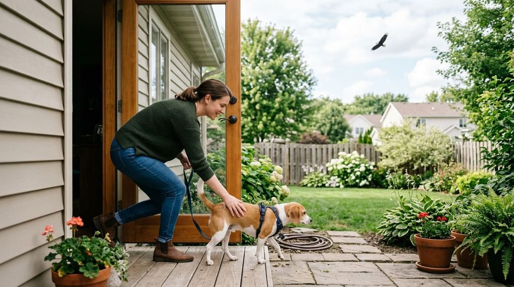 Person bringing a small dog indoors while a bald eagle flies nearby