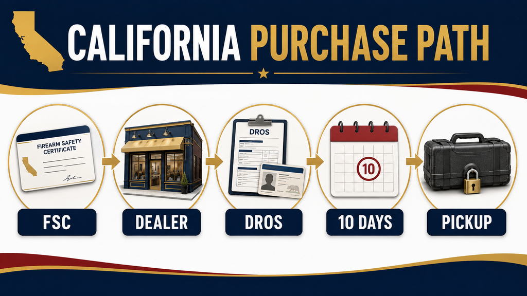 California firearm purchase path from FSC through a licensed dealer, DROS, 10-day wait, and pickup