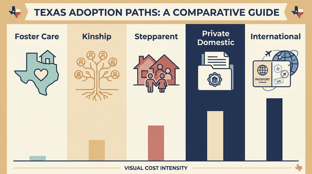Comparison of foster care, private, stepparent, kinship, and international adoption costs in Texas