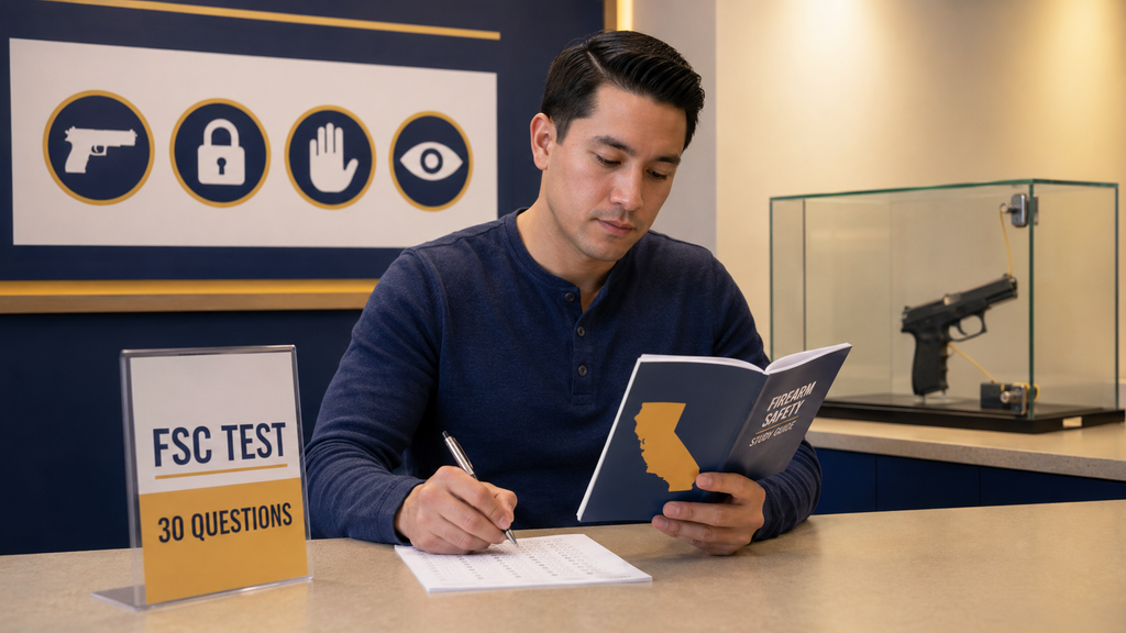 Adult using the official study guide to prepare for the California Firearm Safety Certificate test