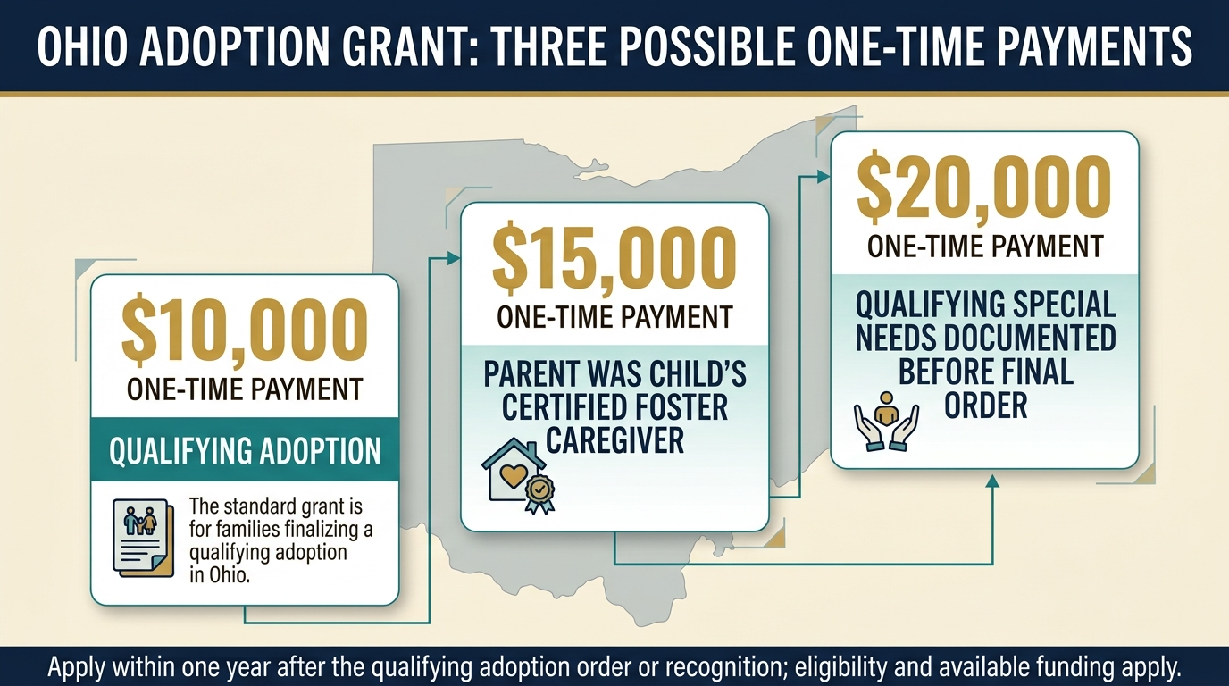 Ohio Adoption Grant amounts of $10,000, $15,000, and $20,000