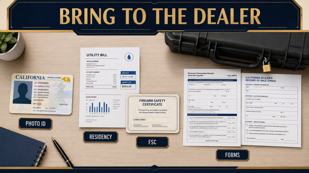 California photo identification, proof of residency, FSC, and dealer transaction forms