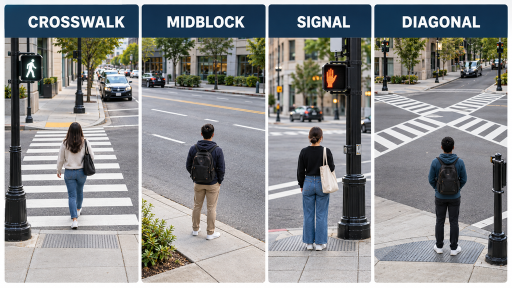 Common street-crossing situations that may be called jaywalking
