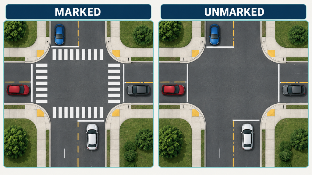 Marked crosswalk compared with an unmarked crosswalk at an intersection