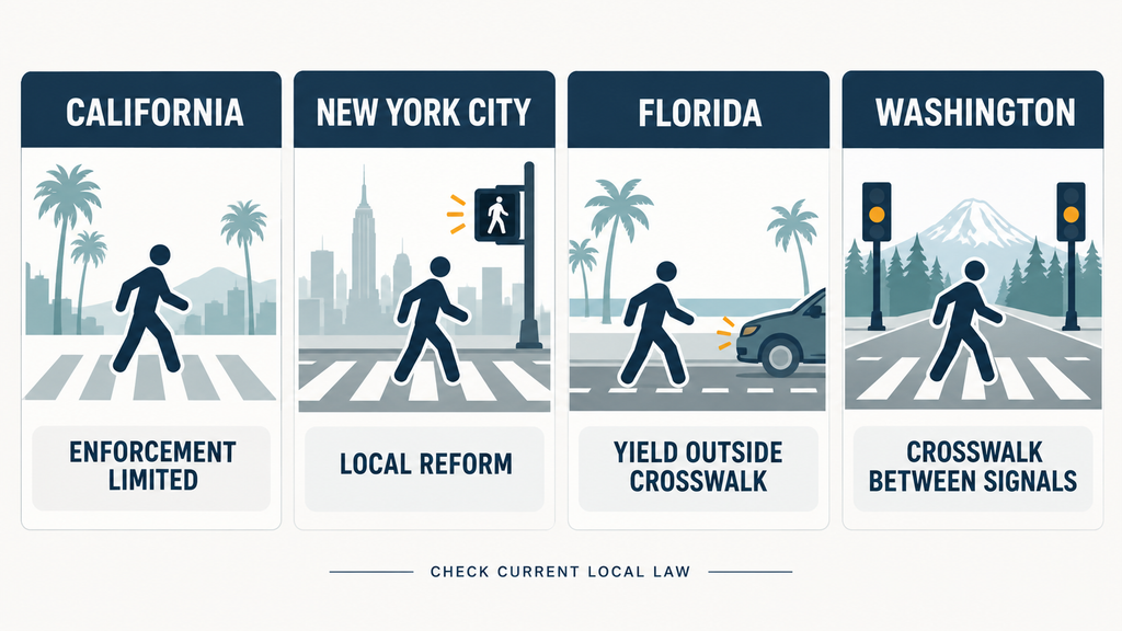 Examples of how jaywalking rules vary by jurisdiction