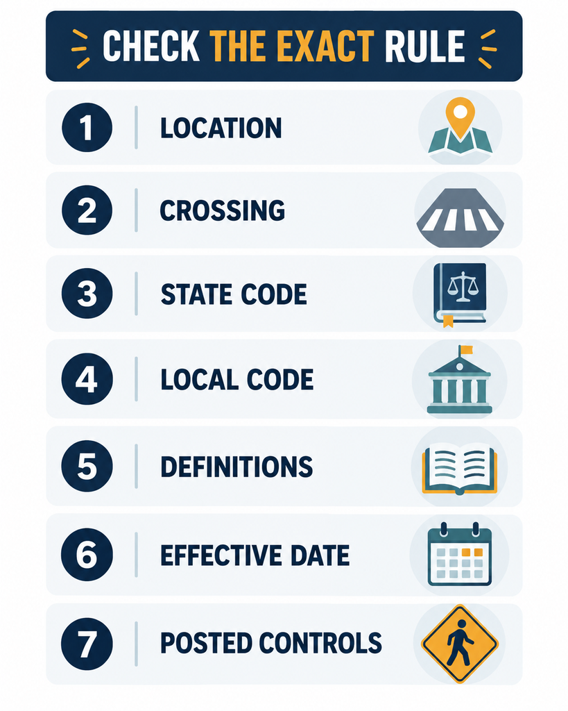 Steps for checking an applicable pedestrian-crossing law
