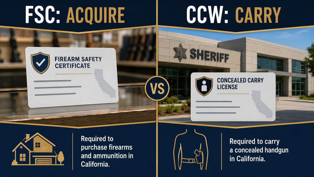 Comparison showing that a California FSC relates to acquisition while a CCW relates to concealed carry