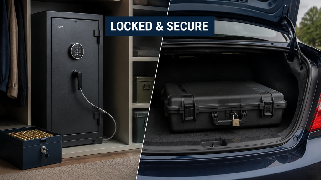 Unloaded firearms secured in locked storage at home and a locked transport case in a vehicle trunk