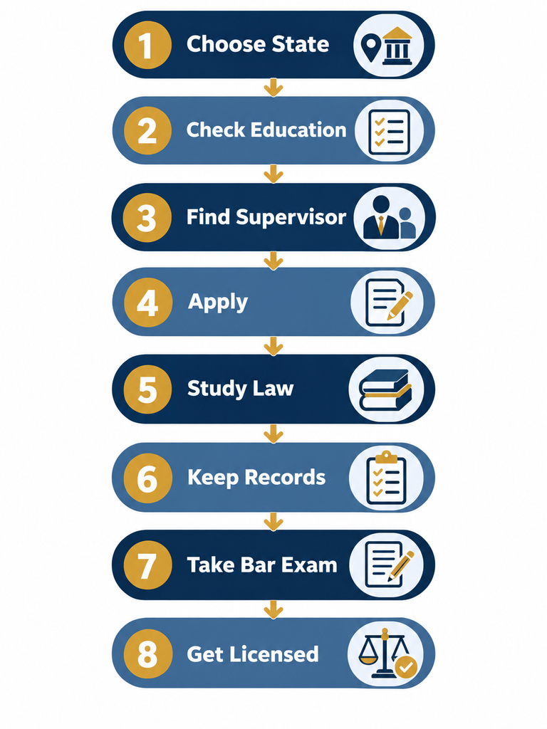Steps from entering a legal apprenticeship to receiving a license to practice law