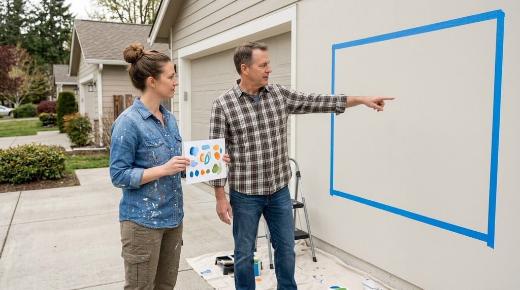 Homeowner and artist agreeing on the wall area for an authorized mural.