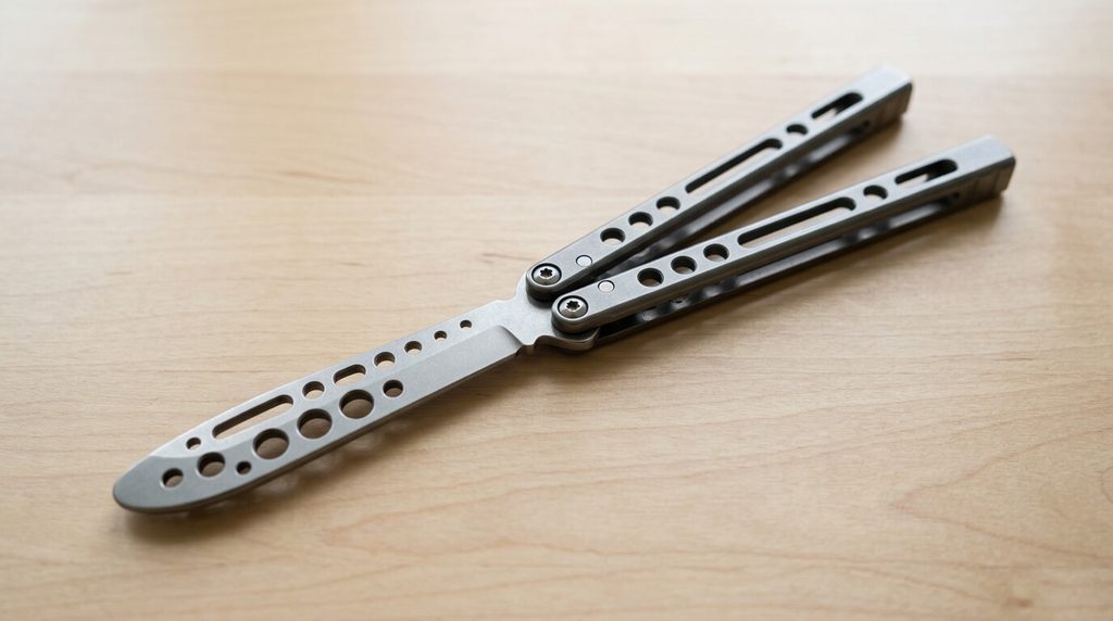 Balisong trainer with a rounded non-cutting practice insert.
