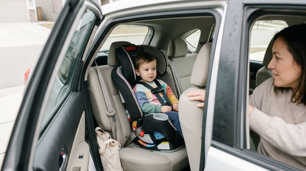 Child secured in the rear seat of a smoke-free family car.