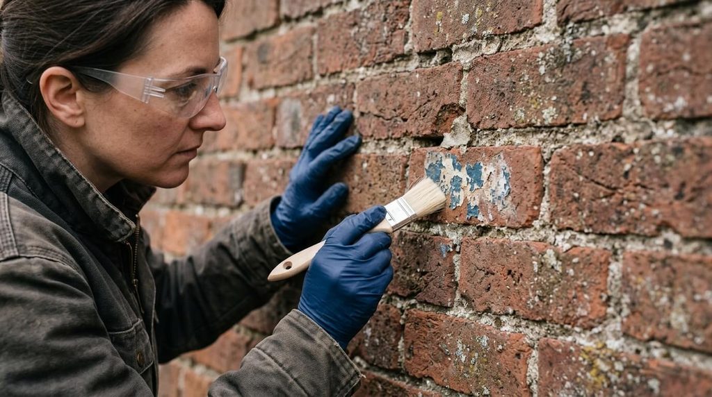 Professional examining marked brick before choosing a gentle removal method.