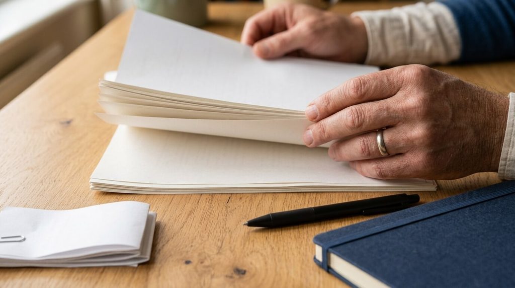 Adult reviewing an agreement and receipts at a home desk.