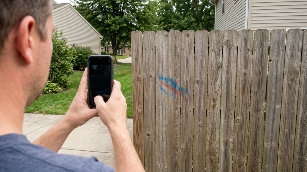 Homeowner photographing an unwanted paint mark before arranging cleanup.