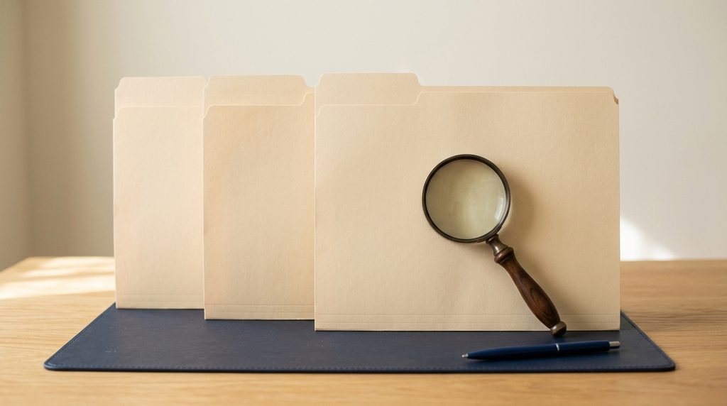 Magnifying glass over the newest folder in a sequence of case documents.