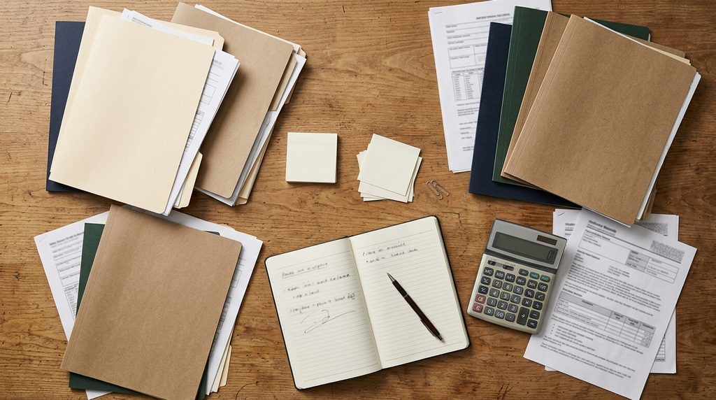 Financial records and calculator prepared for a Chapter 7 bankruptcy filing.