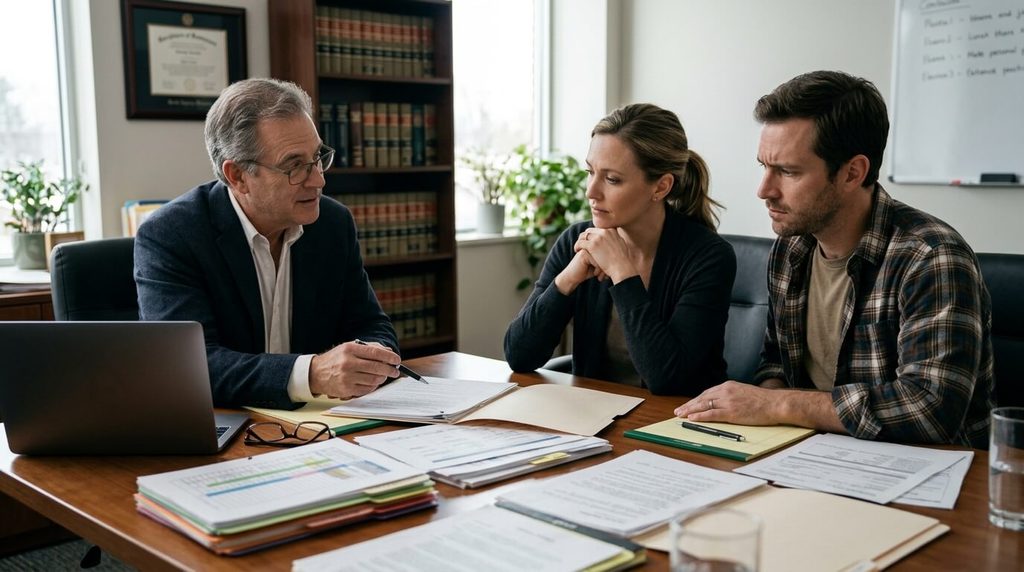 Birth injury attorney reviewing long-term medical and rehabilitation needs with parents